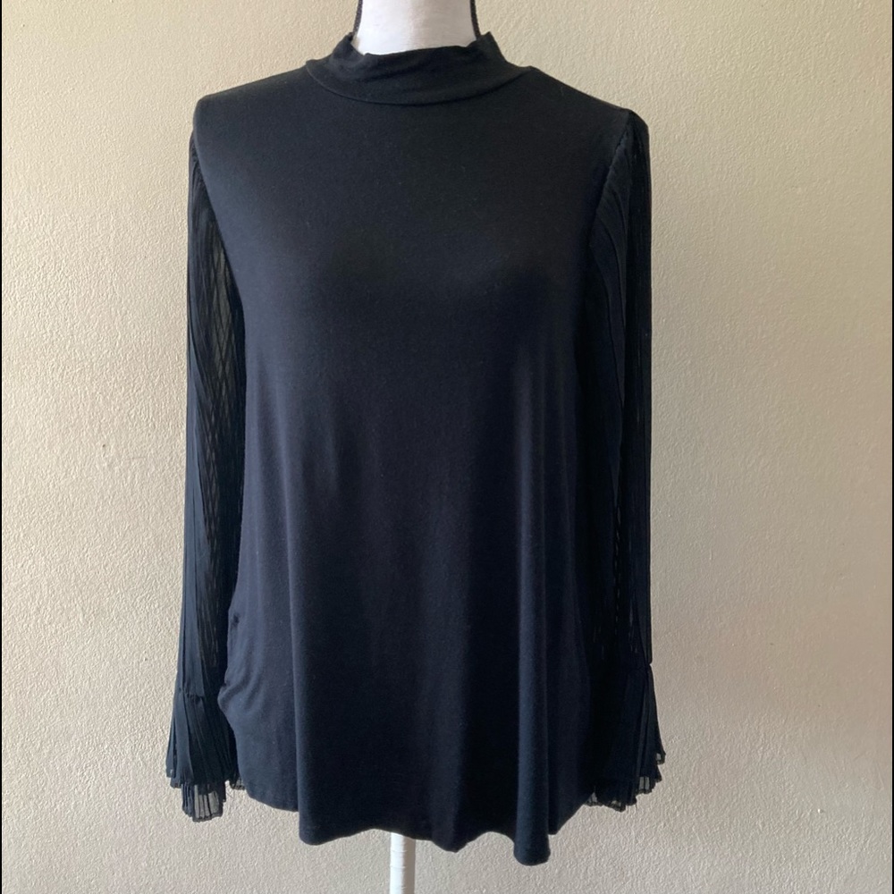 Black high neck steam pleat sheer sleeve wassio top women sz small.